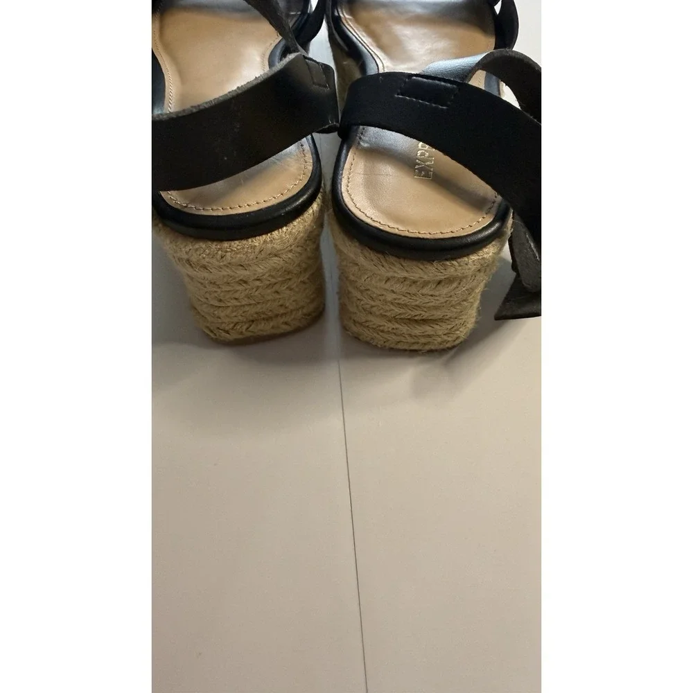 Black Faux Leather Espardrille Sandals Sz 8 With 2 1/2 Inch Heel Black No Box